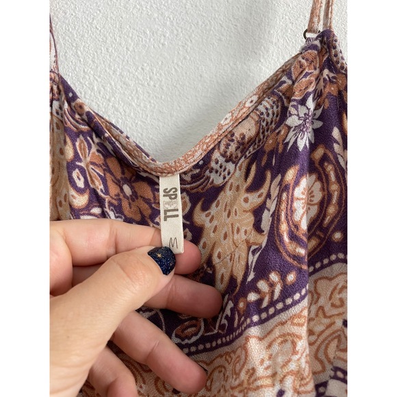 Spell & Gypsy Romper Women M Beige Purple Floral Paisley Play Drawstring Boho - Picture 10 of 10
